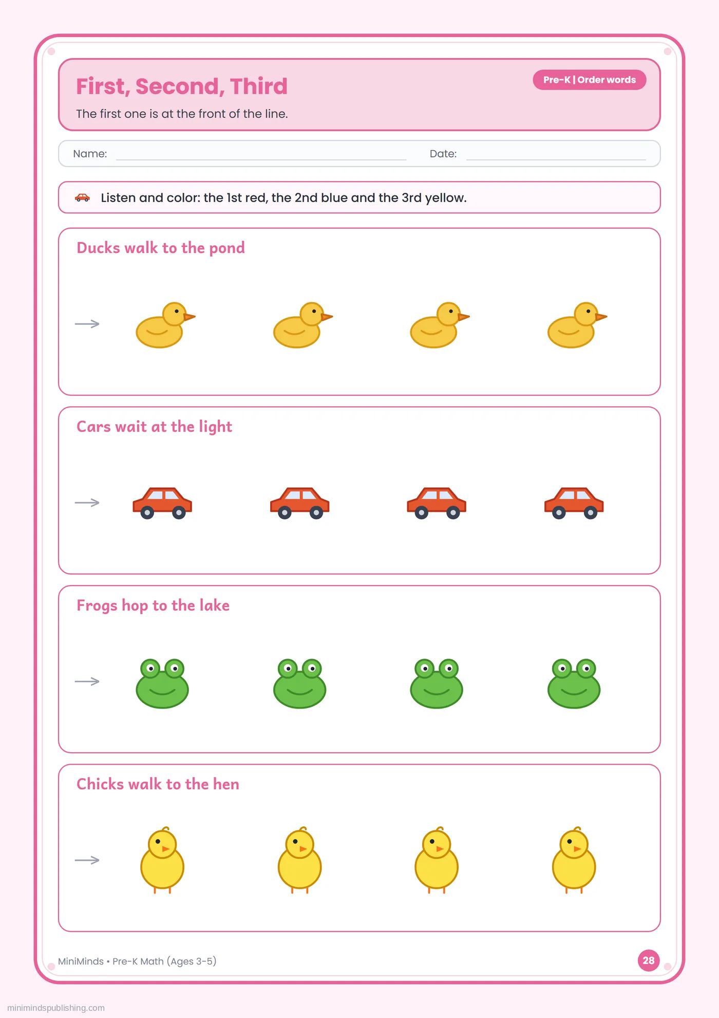 First, Second, Third — free printable Pre-K math worksheet for ages 3-5