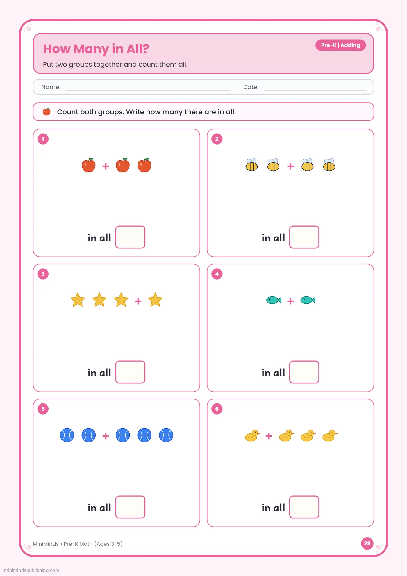 How Many in All? — free printable Pre-K math worksheet for ages 3-5