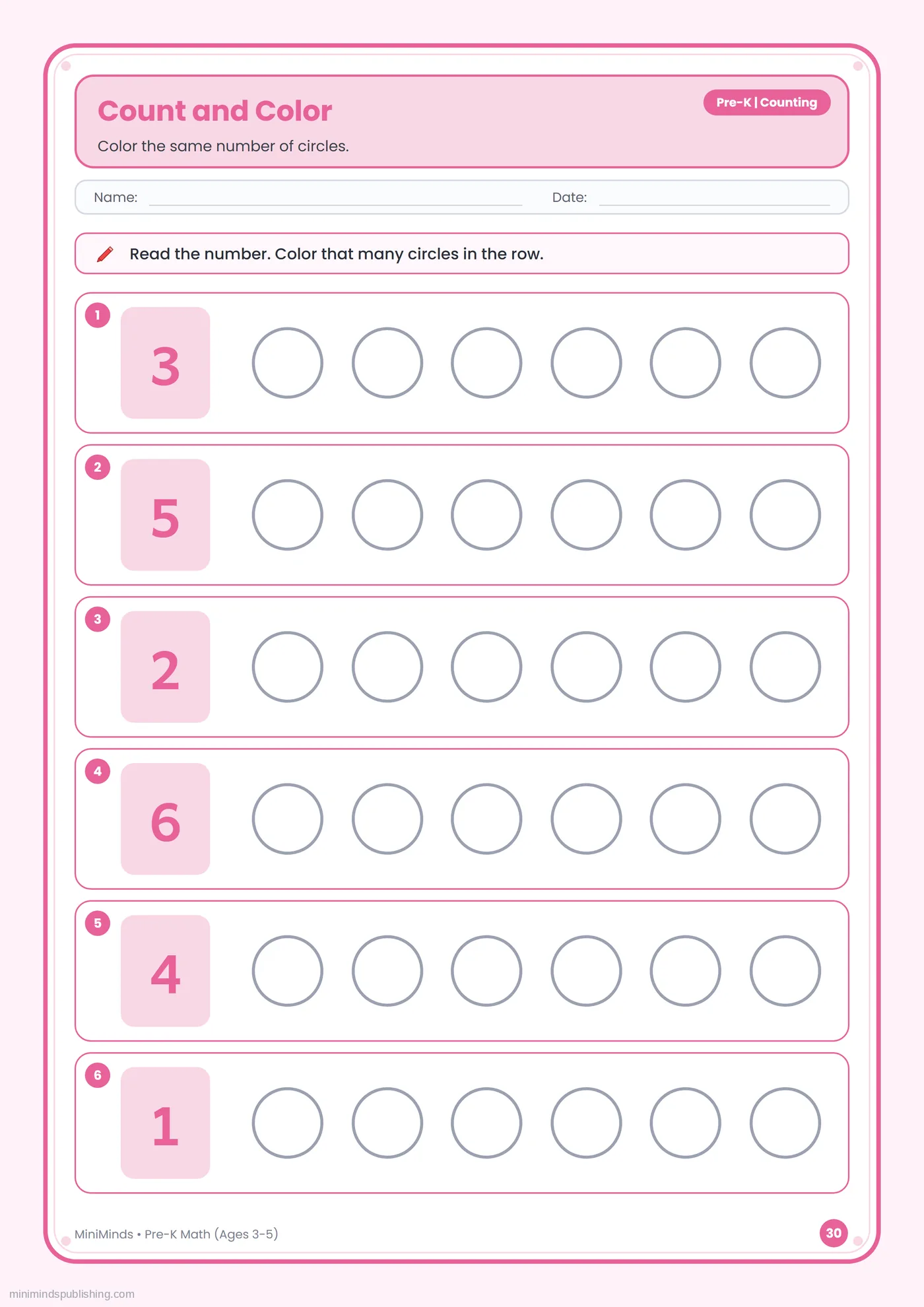 Count and Color — free printable Pre-K math worksheet for ages 3-5