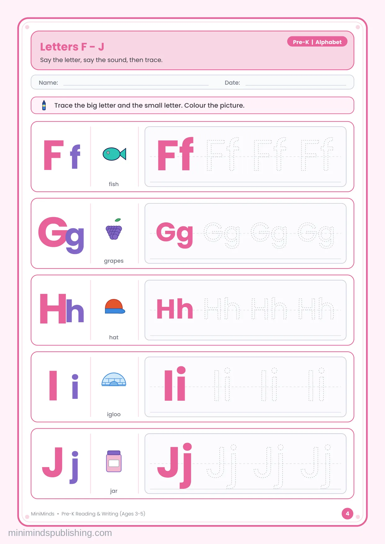 Letters F - J — free printable Pre-K reading & writing worksheet for ages 3-5