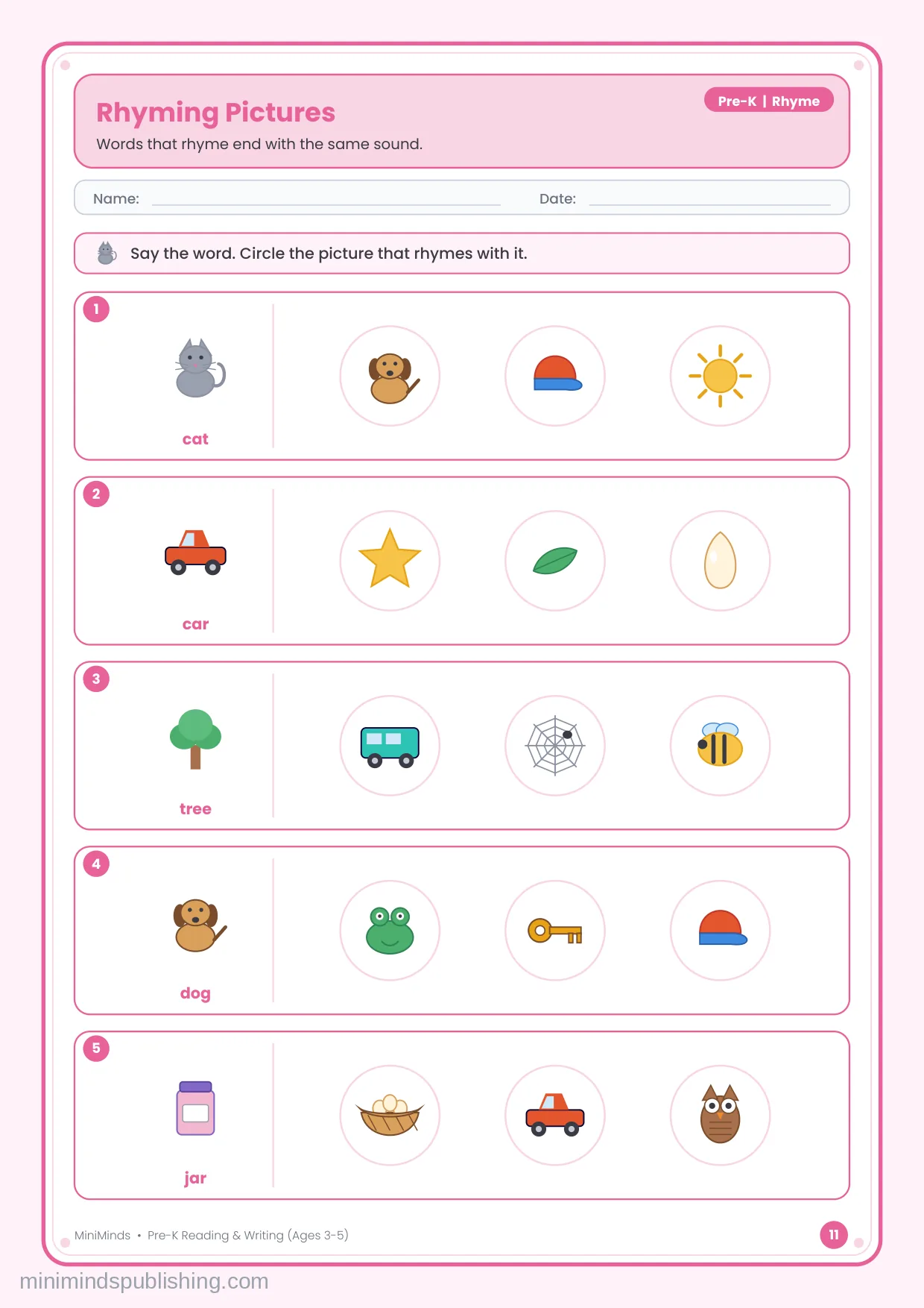 Rhyming Pictures — free printable Pre-K reading & writing worksheet for ages 3-5