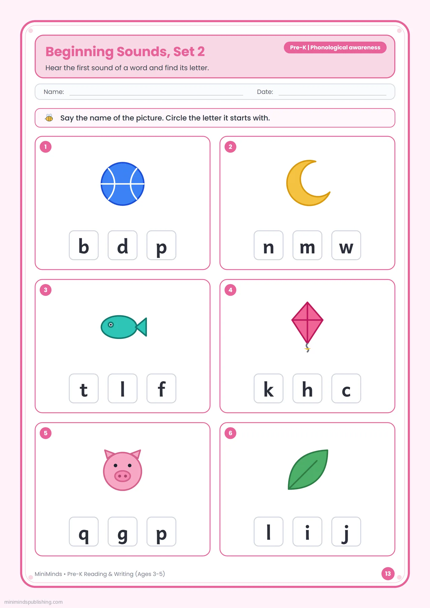 Beginning Sounds, Set 2 — free printable Pre-K reading & writing worksheet for ages 3-5