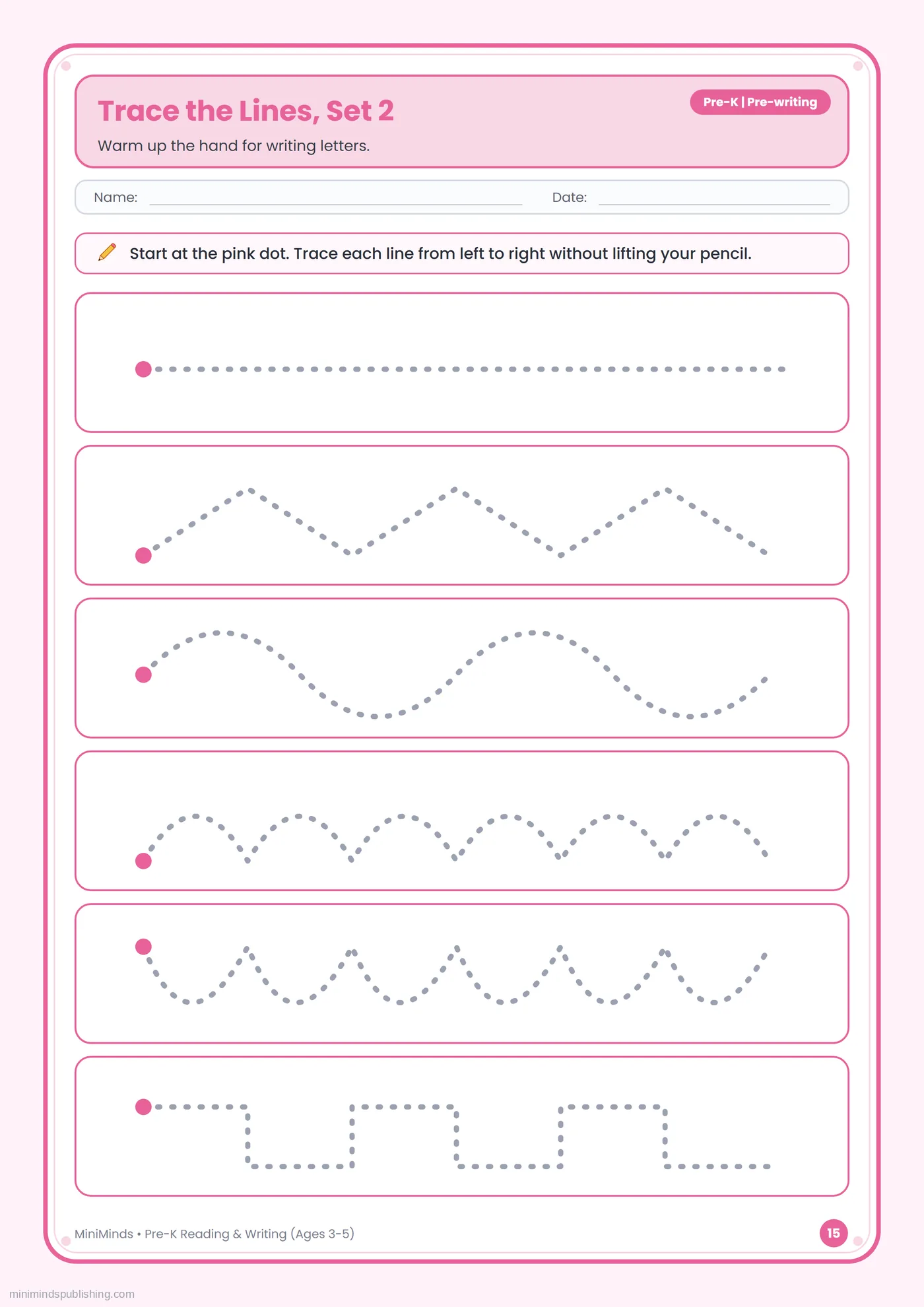 Trace the Lines, Set 2 — free printable Pre-K reading & writing worksheet for ages 3-5