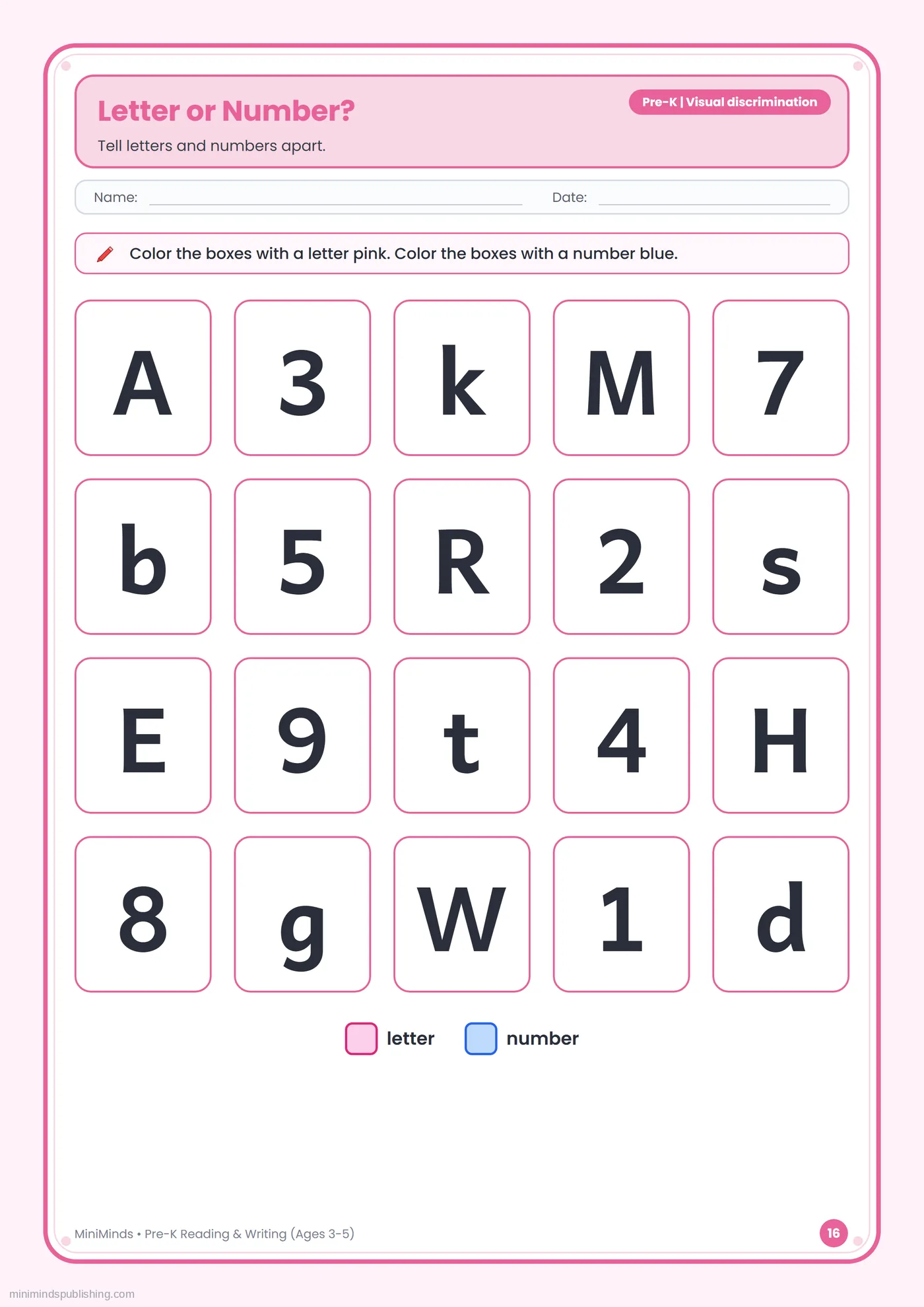 Letter or Number? — free printable Pre-K reading & writing worksheet for ages 3-5
