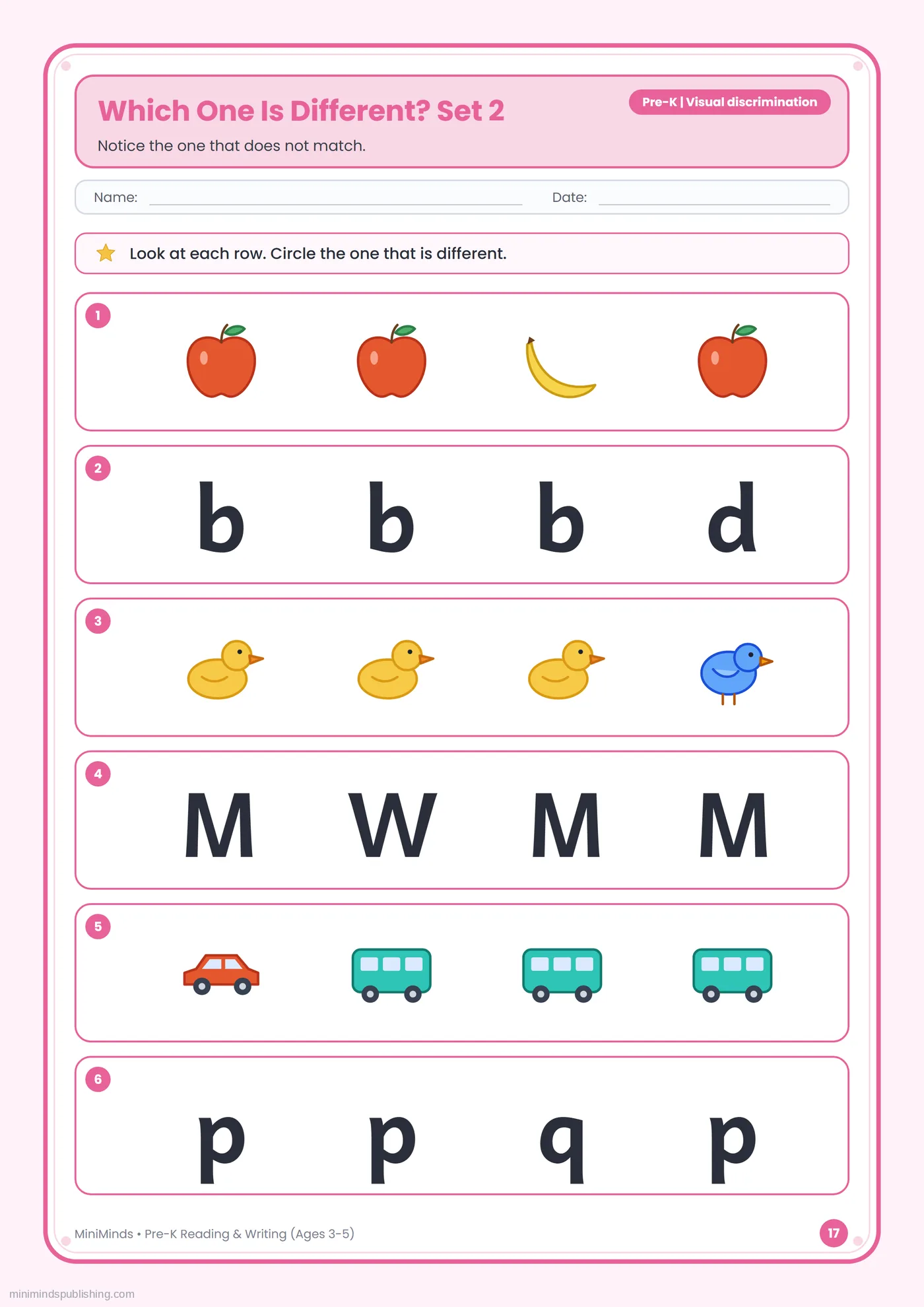 Which One Is Different? Set 2 — free printable Pre-K reading & writing worksheet for ages 3-5