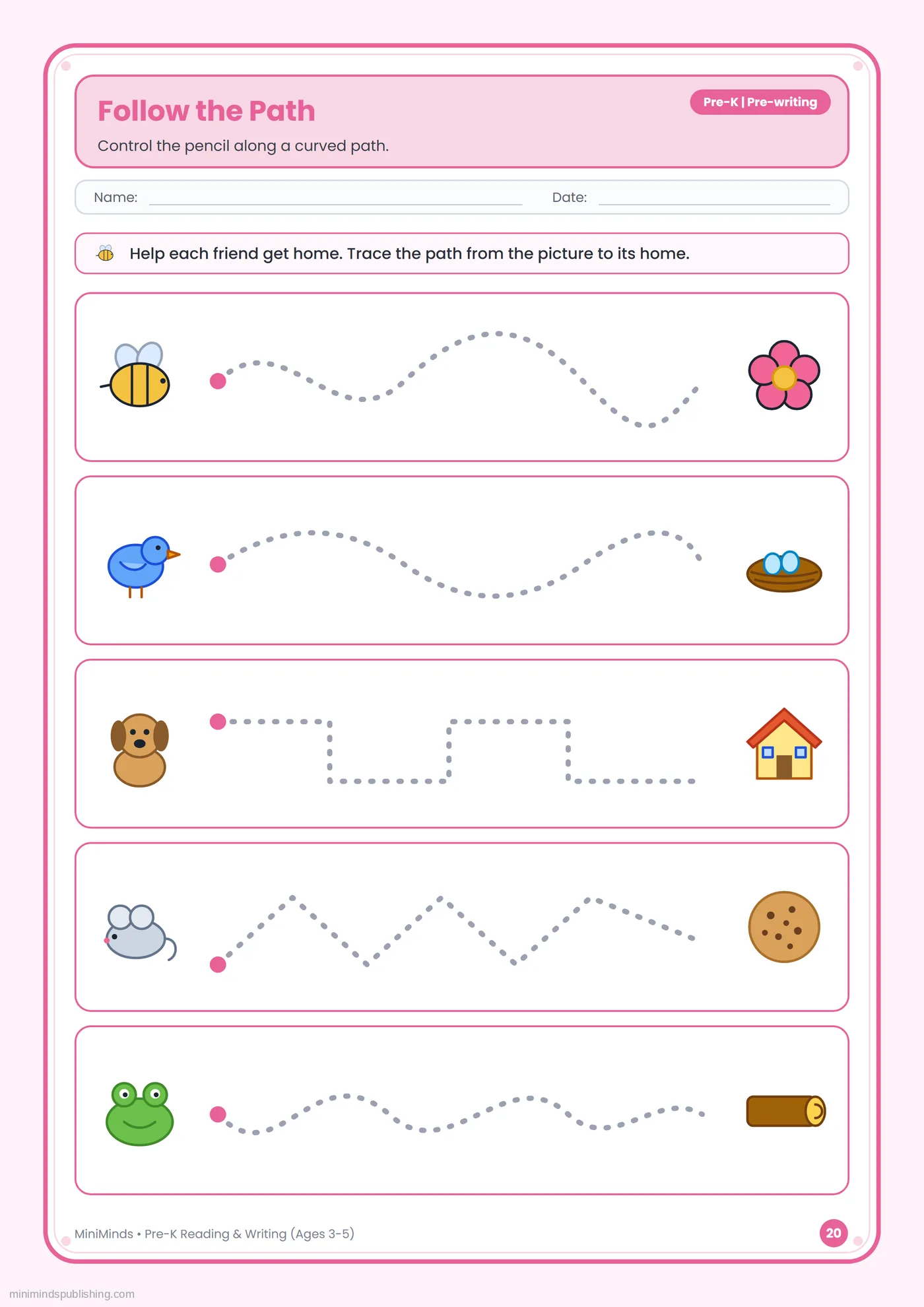 Follow the Path — free printable Pre-K reading & writing worksheet for ages 3-5