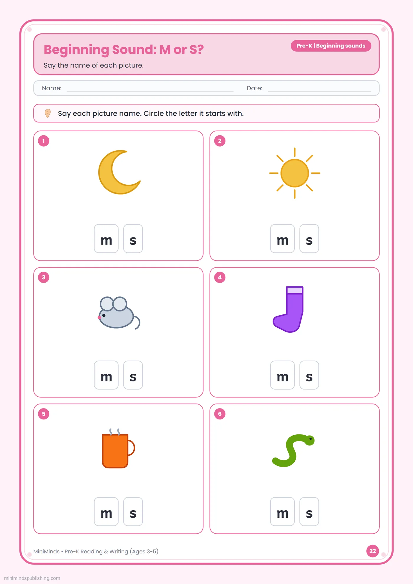 Beginning Sound: M or S? — free printable Pre-K reading & writing worksheet for ages 3-5