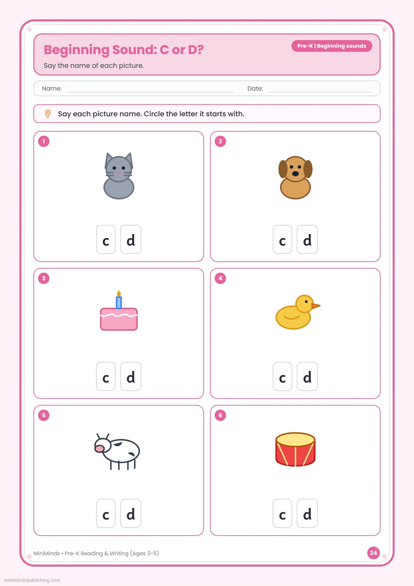 Beginning Sound: C or D? — free printable Pre-K reading & writing worksheet for ages 3-5