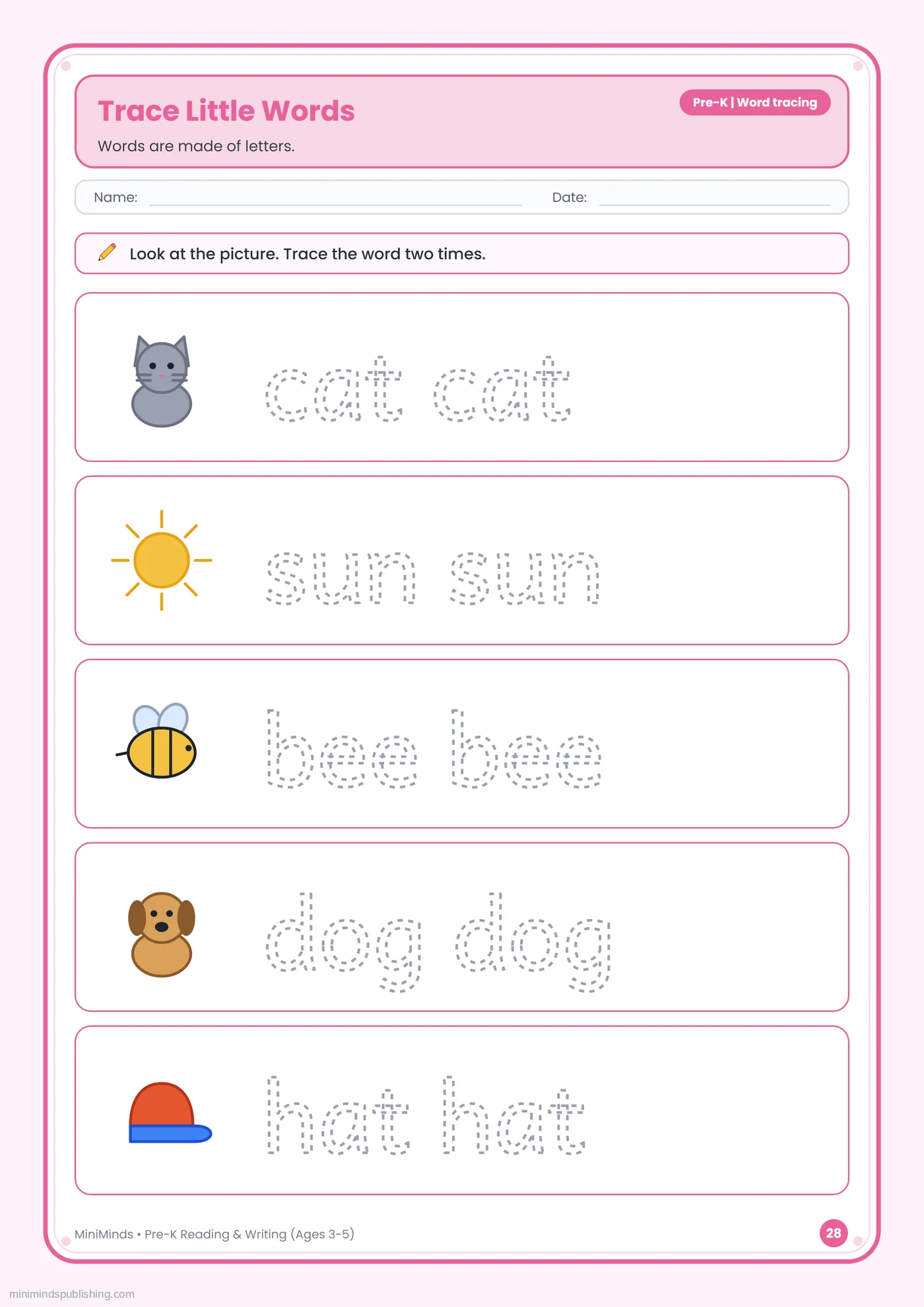 Trace Little Words — free printable Pre-K reading & writing worksheet for ages 3-5