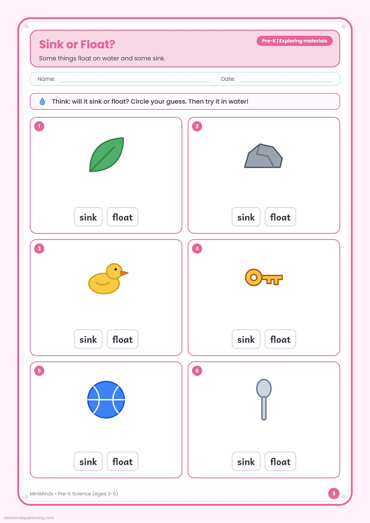Sink or Float? — free printable Pre-K science worksheet for ages 3-5