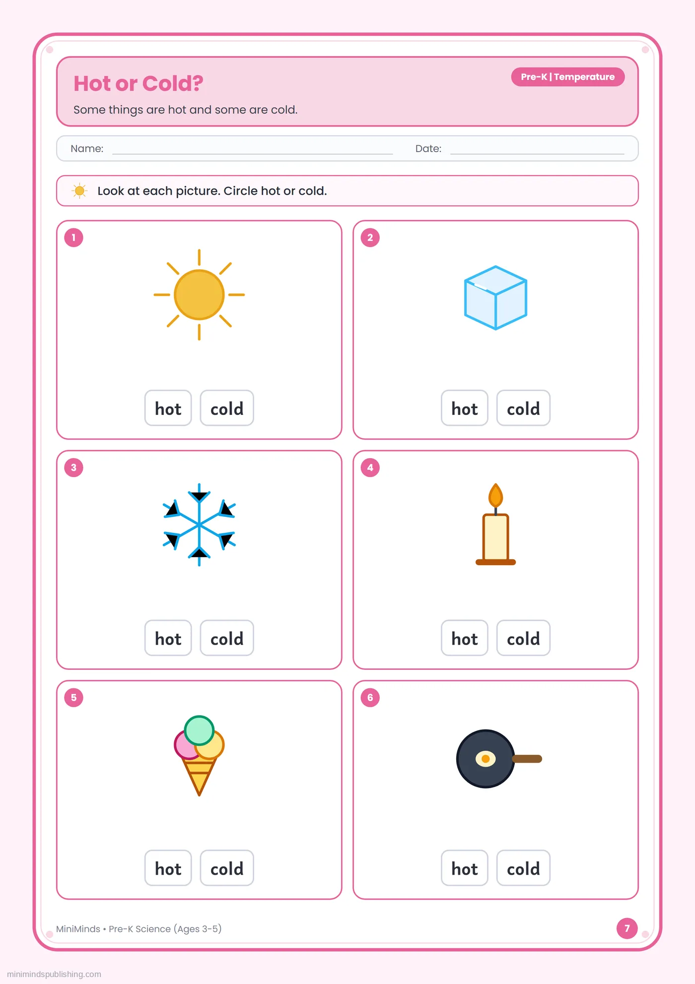 Hot or Cold? — free printable Pre-K science worksheet for ages 3-5