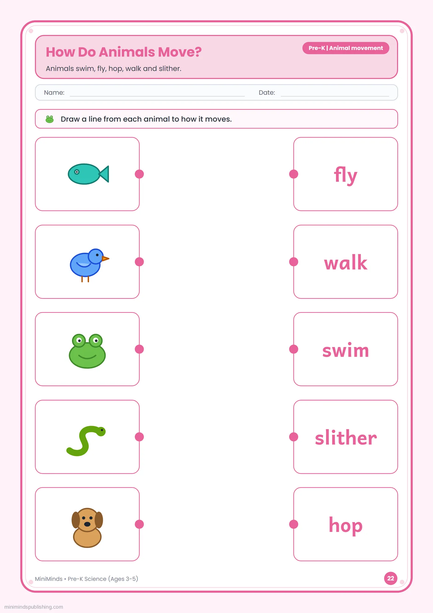 How Do Animals Move? — free printable Pre-K science worksheet for ages 3-5