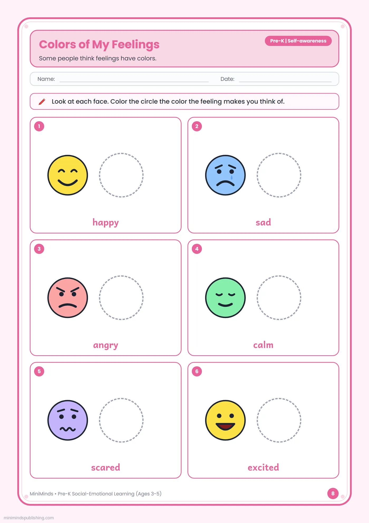 Colors of My Feelings — free printable Pre-K social-emotional learning worksheet for ages 3-5