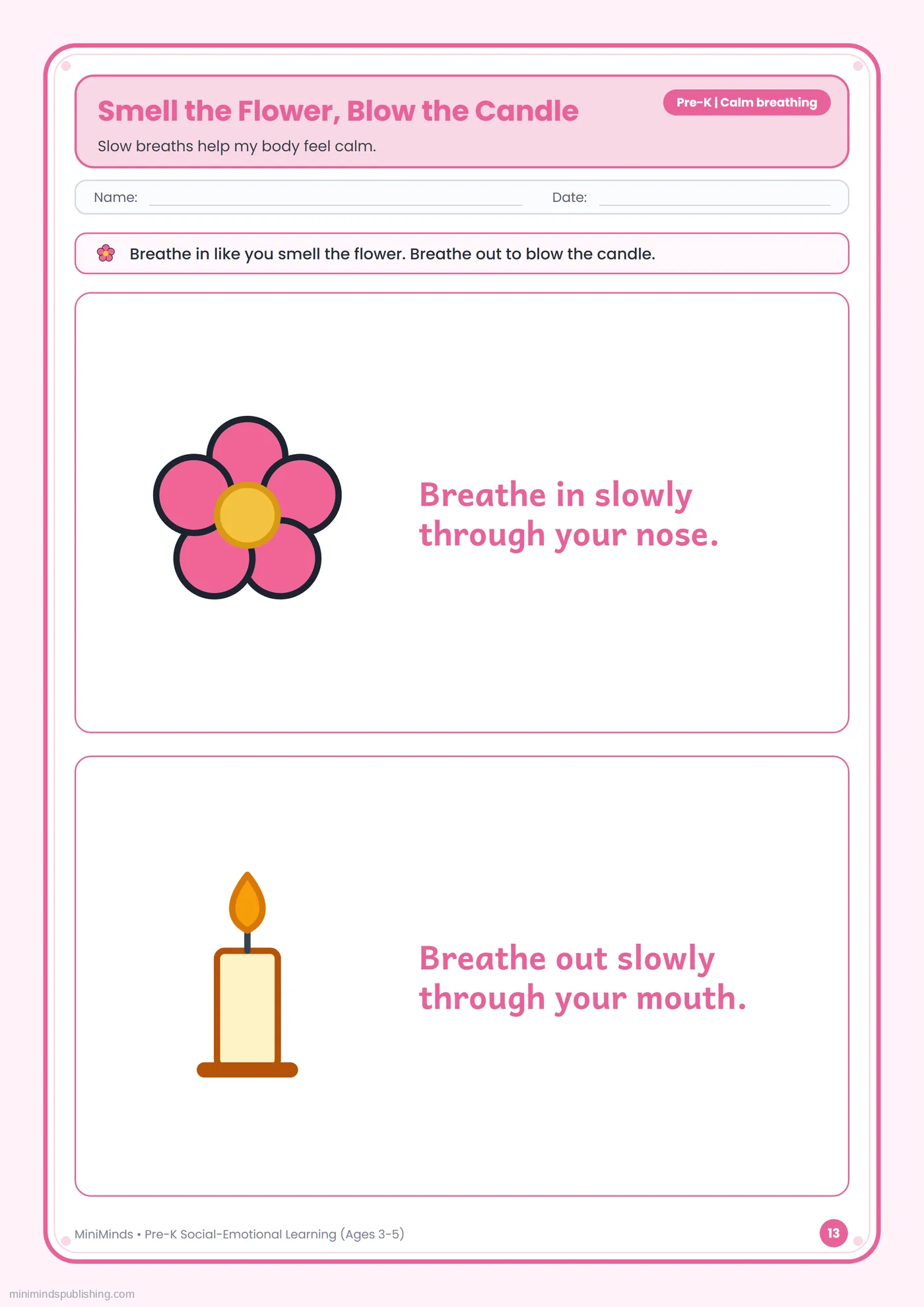 Smell the Flower, Blow the Candle — free printable Pre-K social-emotional learning worksheet for ages 3-5